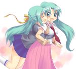  green_eyes green_hair half_updo higurashi_no_naku_koro_ni hug multiple_girls ponytail siblings sisters sonozaki_mion sonozaki_shion subaru_(yachika) twins 