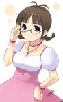  adjusting_eyewear akizuki_ritsuko antenna_hair braid brown_eyes brown_hair cute_&amp;_girly_(idolmaster) glasses idolmaster idolmaster_(classic) idolmaster_1 jewelry necklace otoutogimi snow_strawberry_(idolmaster) solo twin_braids 