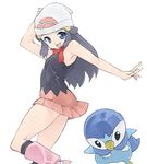  beanie blue_eyes blue_hair boots ennui gen_4_pokemon hand_on_own_head hat hikari_(pokemon) long_hair outstretched_arm pink_footwear piplup pokemon pokemon_(creature) red_scarf scarf simple_background skirt socks white_background 