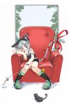  animal_ears boots cat cat_ears chair child copyright_request full_body green_eyes grey_hair long_hair panties pantyshot ribbon sitting solo tail tail_ribbon underwear white_panties yurikuta_tsukumi 