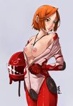 breasts copyright_request dog_tags helmet large_breasts nipples open_clothes open_shirt orange_eyes red_hair shirt solo undressing yokoyama_yasushi zipper 