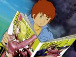  amuro_ray book_focus frau_bow gundam long_sleeves magazine male_focus mobile_suit_gundam pornography sayla_mass screencap solo third-party_edit 