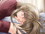  blush close-up closed_eyes game_cg glasses happy izumo long_sleeves lying silver_hair sleeping solo tachibana_ayaka yamamoto_kazue 