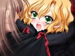  1girl angry blonde_hair blush brown_hair carnelian close-up coat fur game_cg gloves green_eyes hiidome_yami night_demon open_mouth osagiri_shuka shirt_tug short_hair tears 