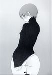  androgynous ass blush breasts from_behind greyscale highres long_sleeves looking_back male_focus monochrome no_pants open_mouth original otoko_no_ko panties po-ju scan short_hair small_breasts solo sweater thick_thighs thighhighs thighs thong turtleneck underwear wide_hips 