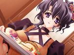  breasts carnelian cleavage cup dutch_angle ena_(quilt) food game_cg hair_ornament indoors large_breasts parted_lips plate purple_eyes quilt_(game) sandwich solo spoon sugar_cube teacup tray waitress 