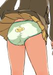  1girl ass ass_focus back-print_panties brown_jacket chi-hatan_military_uniform close-up commentary crotch_seam duck_print fukuda_(girls_und_panzer) girls_und_panzer green_panties hamahara_yoshio highres jacket lace lace-trimmed_panties long_sleeves military military_uniform miniskirt panties pantyshot pantyshot_(standing) pleated_skirt print_panties simple_background skirt skirt_lift solo standing thighs underwear uniform white_background wind wind_lift yellow_skirt 