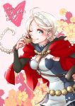  1girl ahoge braid capelet closed_mouth ebi_puri_(ebi-ebi) eponine_(fire_emblem_if) fire_emblem fire_emblem_if flower hairband happy_valentine heart heart-shaped_pupils key keychain long_hair nintendo one_eye_closed smile solo symbol-shaped_pupils twin_braids twintails white_hair 