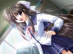  black_hair blue_eyes dutch_angle fang game_cg izumo long_hair long_sleeves open_mouth school_uniform skirt solo touma_miyuki very_long_hair window yamamoto_kazue 