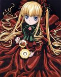  artist_request bangs black_background blonde_hair blue_eyes bow cup dress eyebrows eyebrows_visible_through_hair hair_bow long_hair long_sleeves looking_at_viewer red_dress rozen_maiden saucer seiza shinku sitting solo tea teacup twintails 