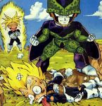  armor aura bandages blonde_hair boots cell_(dragon_ball) chibi dragon_ball dragon_ball_z dragon_fall gloves lowres male_focus multiple_boys parody perfect_cell spiked_hair super_saiyan tongue trunks_(dragon_ball) vegeta x_x 