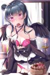  1girl bangs black_gloves blue_hair blush bra breasts cake candle candlestand chocolate chocolate_heart collarbone commentary_request demon_wings elbow_gloves food frilled_gloves frills gloves halterneck heart long_hair looking_at_viewer love_live! love_live!_sunshine!! medium_breasts mouth_hold open_clothes open_shirt open_skirt panties petals pink_bra pink_panties red_eyes side_bun skirt skirt_lift solo strapless strapless_bra tipii tsushima_yoshiko underwear valentine window wings 