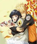  1girl :o black_hair blonde_hair can closed_eyes coat duplicate grin hug hyuuga_hinata jpeg_artifacts keroyon-jima leaf long_sleeves lowres naruto naruto_(series) open_mouth short_hair silver_eyes smile spiked_hair surprised uzumaki_naruto 