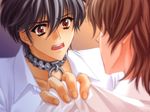  black_hair brown_eyes brown_hair carnelian chain collar game_cg katsuragi_takuto male_focus messiah_(game) multiple_boys panicking sasamori_ryouta 