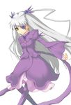  artist_request barasuishou brown_eyes dress eyepatch hair_ornament long_hair long_sleeves looking_at_viewer one_eye_covered purple_dress purple_legwear rozen_maiden silver_hair solo standing white_background 