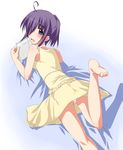  ahoge barefoot bed_sheet blush book choker dress feet hair_over_one_eye leg_lift looking_back lying mahou_sensei_negima! miyazaki_nodoka on_stomach panties pantyshot pantyshot_(lying) purple_eyes purple_hair reading shadow smile solo tekehiro toe_scrunch underwear white_panties 