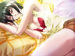  areolae armpits bed black_hair bra breasts carnelian character_request cleavage closed_eyes game_cg large_breasts lingerie lipstick lying makeup miniskirt mystereet on_side open_bra open_clothes open_shirt shirt short_hair skirt sleeping solo sweat thighs underwear 