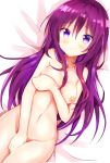  1girl :| bangs bed_sheet blush breasts closed_mouth collarbone covering covering_crotch covering_one_breast dutch_angle eyebrows_visible_through_hair gochuumon_wa_usagi_desu_ka? groin hair_between_eyes long_hair lying medium_breasts nanakusa_amane navel nipples nude on_back purple_eyes purple_hair solo tedeza_rize very_long_hair 