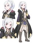  belt blush brown_eyes closed_mouth female_my_unit_(fire_emblem:_kakusei) fingers_together fire_emblem fire_emblem:_kakusei gloves grimmelsdathird highres hood hood_down long_sleeves my_unit_(fire_emblem:_kakusei) nintendo robe simple_background smile standing twintails twitter_username white_background white_hair 