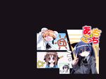  3girls acchi_kocchi artist_request black_background black_shirt blue_hair blue_shirt blush blush_stickers breath brown_hair bun_cover collared_shirt covering_mouth cravat fang food glasses hair_over_eyes haruno_hime katase_mayoi long_sleeves looking_at_viewer miniwa_tsumiki mouth_hold multiple_girls orange_hair otonashi_io pocky shirt simple_background star sun tooth upper_body wallpaper white_shirt 