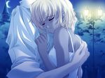  1girl blonde_hair breasts closed_eyes comforting dark_skin dress game_cg ganguro hand_on_another's_chest hand_on_head hetero hug medium_breasts mizuki_(quilt) moon night quilt_(game) short_hair sugiyama_genshou sundress takumi_(quilt) tears 