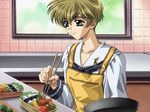  androgynous apron blonde_hair carnelian chopsticks cooking food game_cg green_eyes kitchen long_sleeves obentou onigiri ono_ikumi re_leaf school_uniform serafuku short_hair smile solo window 