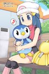  1girl backpack bag beanie bench blue_eyes blue_hair bracelet dawn_(pokemon) eighth_note hat holding jewelry long_hair musical_note piplup pokemon pokemon_(creature) scarf sitting skirt smile speech_bubble spoken_musical_note translated unworn_bag yamai 