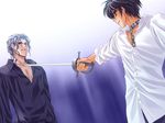  black_hair blue_eyes brown_eyes carnelian chain collar dress_shirt game_cg grey_hair kou_(messiah) long_sleeves male_focus messiah_(game) multiple_boys sasamori_ryouta shirt sword weapon 