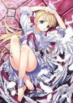 barefoot blonde_hair blue_eyes copyright_request dress feathers feet hair_ornament hairclip long_hair matsuryuu solo toes 