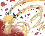  blonde_hair bow flower hair_bow long_hair long_sleeves otoufu petals red_flower red_rose rose rose_petals rozen_maiden shinku solo twintails white_background 