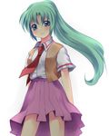  blue_eyes blush green_hair higurashi_no_naku_koro_ni looking_at_viewer necktie ponytail purple_skirt red_neckwear shirt short_sleeves skirt smile solo sonozaki_mion standing subaru_(yachika) vest white_shirt 