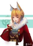  1girl absurdres accessories animal_ears bangs belt blonde_hair corset finger_to_mouth fire_emblem fire_emblem_if fox_ears foxeyes fur_collar fur_trim hair_ornament highres huge_filesize kinu_(fire_emblem_if) light_smile lips long_sleeves looking_at_viewer multicolored_hair nintendo open_mouth short_hair simple_background smile solo teeth upper_body yellow_eyes zc_chordie 