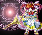  adapted_costume alternate_weapon armor artist_request belt bow buckle card fingerless_gloves gloves kamen_rider kamen_rider_blade kamen_rider_blade_(series) long_sleeves lyrical_nanoha magazine_(weapon) magic_circle magical_girl mahou_shoujo_lyrical_nanoha mahou_shoujo_lyrical_nanoha_a's parody purple_eyes raising_heart red_bow red_hair solo takamachi_nanoha twintails weapon 