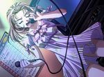  bow breasts brown_hair cable carnelian casual cleavage cleavage_cutout closed_eyes dress dual_wielding dutch_angle game_cg hairband holding karaoke kashiwara_fuuko medium_breasts microphone monitor music open_mouth re_leaf ribbon short_dress short_hair singing solo standing 