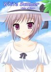  artist_request blue_sky blush cloud collarbone day falling_leaves hat leaf nagato_yuki purple_eyes purple_hair ribbon shirt short_hair short_sleeves sky solo sun_hat suzumiya_haruhi_no_yuuutsu upper_body white_shirt 