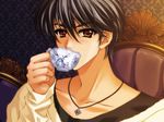  black_hair brown_eyes carnelian cup game_cg jewelry long_sleeves male_focus messiah_(game) necklace sasamori_ryouta sipping solo tea teacup 