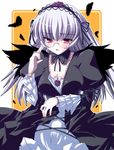  blush breasts cleavage dress feathers glasses lace large_breasts long_sleeves mini_wings open_mouth red_eyes ribbon rozen_maiden shinshin silver_hair solo suigintou 