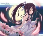  bare_back blush cosmos_(flower) dress flower from_behind from_side full_moon hair_tubes holding holding_flower kantoku long_hair long_sleeves moon ponytail profile sakura_musubi sera_karen solo 