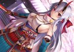  1girl armor armpits bangs bare_shoulders blush breasts cherry_blossoms closed_mouth commentary_request day detached_sleeves dutch_angle fate/grand_order fate_(series) hair_between_eyes hair_ribbon harimoji headband holding holding_sword holding_weapon japanese_armor japanese_clothes katana long_hair looking_at_viewer medium_breasts oni_horns outdoors red_eyes red_ribbon ribbon sheath shoulder_armor sideboob silver_hair slit_pupils smile sode solo sword tomoe_gozen_(fate/grand_order) tree unsheathed very_long_hair weapon 
