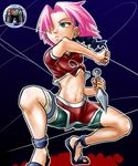  ankle_boots arched_soles ass_visible_through_thighs bandaged_leg bandages bike_shorts blue_background blue_footwear boots boro breasts crop_top forehead_protector green_eyes green_shorts hair_over_one_eye haruno_sakura holding holding_weapon kunai looking_to_the_side midriff miniskirt naruto naruto_(series) navel ninja parted_lips pink_hair red_shirt red_skirt shirt short_hair short_sleeves shorts shorts_under_skirt side_slit simple_background skirt small_breasts solo spandex squatting stomach toeless_boots translated underboob v-neck weapon 