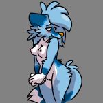  2019 anthro blue_fur blue_hair blush breasts canid canine canis digital_media_(artwork) female fur hair half-closed_eyes hi_res looking_away lue(king_rat) mammal nervous nipples nude pussy sketchy_sketchu smile solo standing wolf 