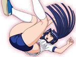  asakura_ryouko ass blue_buruma blue_hair bra bra_peek buruma closed_eyes floating_hair gym_uniform kneehighs long_hair mem open_mouth short_sleeves solo suzumiya_haruhi_no_yuuutsu underwear white_legwear 