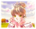  bangs benk brown_hair chin_rest close-up cloud cosmos_(flower) crown day earrings face flower green_eyes hair_bun holding holding_flower jewelry light_smile looking_at_viewer original outdoors princess sky solo star star_earrings tree upper_body 