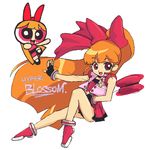  :d akazutsumi_momoko bare_shoulders black_gloves blossom_(ppg) bow fairy fingerless_gloves floating full_body gloves hair_bow hyper_blossom jojo long_hair multiple_girls oekaki open_mouth orange_hair ponytail powerpuff_girls powerpuff_girls_z red_bow red_eyes simple_background smile string very_long_hair vest white_background 