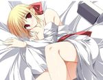  bed blonde_hair blush bow breasts chihaya_(moshiraba) game_cg hair_bow japanese_clothes jpeg_artifacts long_sleeves lying medium_breasts moshimo_ashita_ga_hare_naraba nipple_slip nipples on_side red_eyes solo yuuki_makoto_(radiant) 