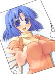  :d blue_eyes blue_hair blush buttons dutch_angle jirou_(chekoro) kusuha_mizuha long_sleeves looking_at_viewer open_mouth outstretched_arms pajamas short_hair smile solo super_robot_wars 