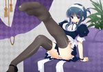  amazuyu_tatsuki black_eyes black_legwear blue_hair braid copyright_request couch feet foreshortening frills grey_legwear leg_lift maid maid_headdress miniskirt panties pantyshot pantyshot_(sitting) puffy_sleeves purple_eyes shoes sidelocks single_shoe sitting skirt smile solo thighhighs underwear white_panties wristband 