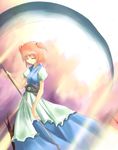  bare_tree blue_dress closed_eyes dress hair_bobbles hair_ornament holding holding_weapon obi onozuka_komachi polearm puffy_short_sleeves puffy_sleeves red_hair sash scythe short_sleeves solo standing touhou tree two_side_up weapon 