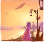  asami_(artist) bridge dress lamppost leaf looking_back original peaceful purple_hair river sky solo sunset 