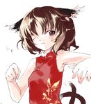  animal_ears armpits bare_shoulders brown_eyes brown_hair cat_ears cat_tail chen china_dress chinese_clothes closed_mouth dress earrings face jewelry multiple_tails one_eye_closed shunsei_(muratou) solo tail touhou 